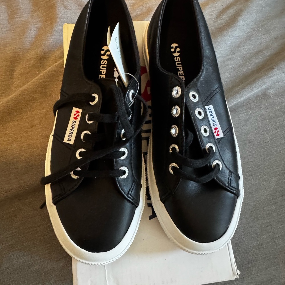 Superga Classic Black Leather Sneakers with White Soles